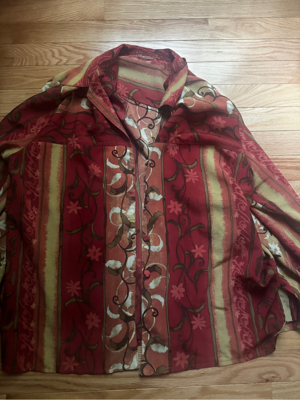 Women's Red Floral-Stripe Button Front Shirt